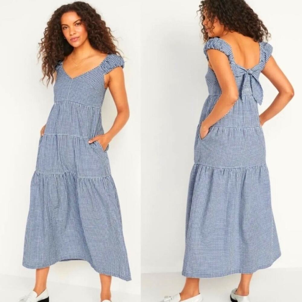 Old Navy Tiered Gingham Sundress Dress L Blue White Check Cap Sleeve